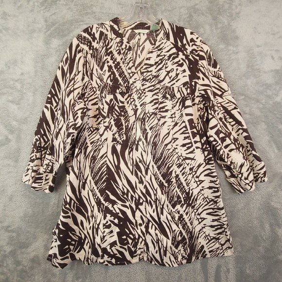 Laura Ashley‎ Womens Top Blouse Shirt Button V Neck Pockets Printed Brown L - Picture 1 of 12